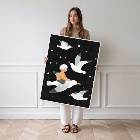 Poster Enfant volant - Petit rêveur porté par les étoiles dorées — Vierge - poster-femme-debout