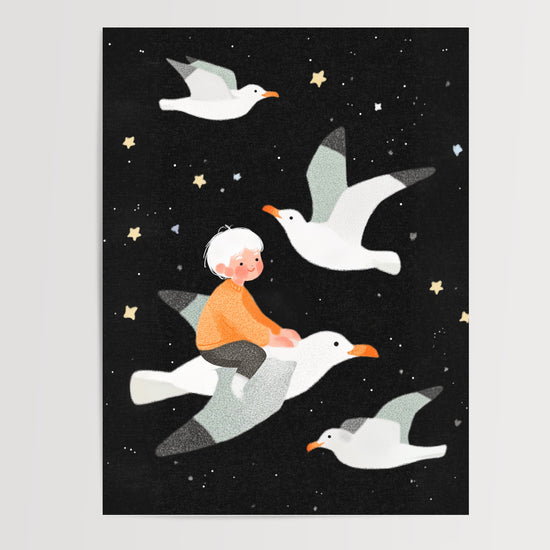 Poster Enfant volant - Petit rêveur porté par les étoiles dorées — Vierge - poster-presentation-produit