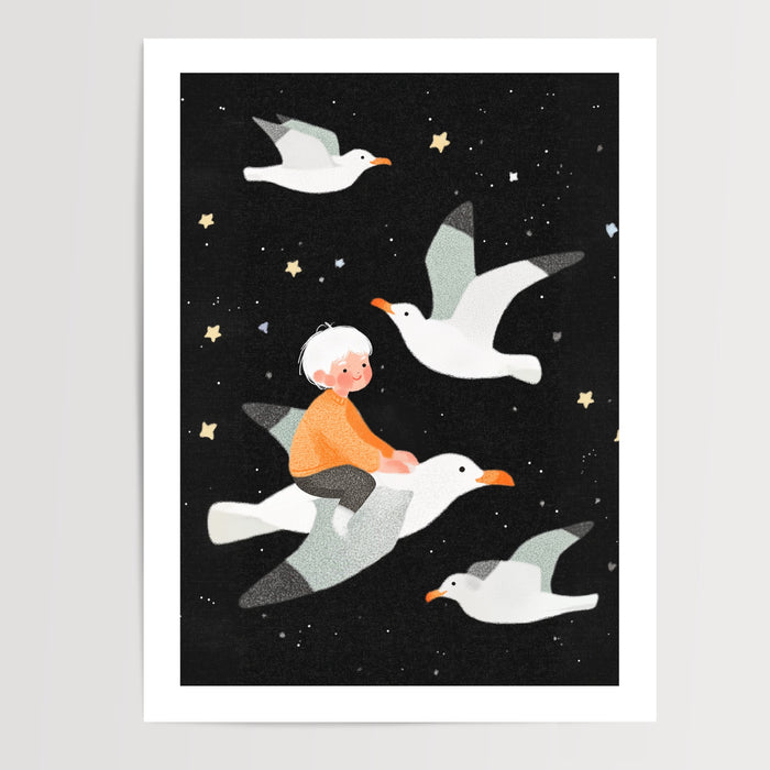 Poster Enfant volant - Petit rêveur porté par les étoiles dorées — Vierge - poster-presentation-produit — passe-partout blanc