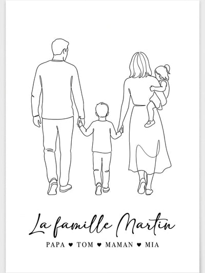 Design du poster famille personnalisé : dessin au trait minimaliste d'une famille de dos se tenant la main, titre La famille Martin et prénoms séparés par des cœurs