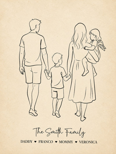 Design du poster famille personnalisé : dessin au trait minimaliste d'une famille de dos se tenant la main, titre La famille Martin et prénoms séparés par des cœurs