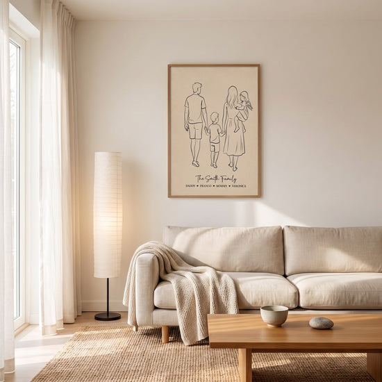 Poster famille personnalisé dessin au trait minimaliste décoration murale sur-mesure prénoms
