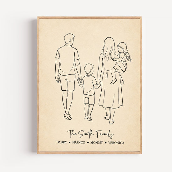 Custom family line art portrait poster from your photo, framed in oak in a cozy living room: minimalist drawing of a family from behind with title and names in calligraphy