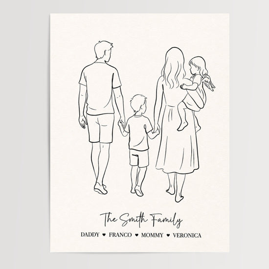Custom family line art poster with names and hearts — wall decor
