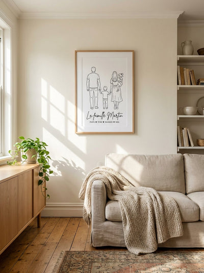 Poster famille personnalisé encadré chêne dans un salon chaleureux : dessin au trait d'une famille de dos avec titre et prénoms calligraphiés