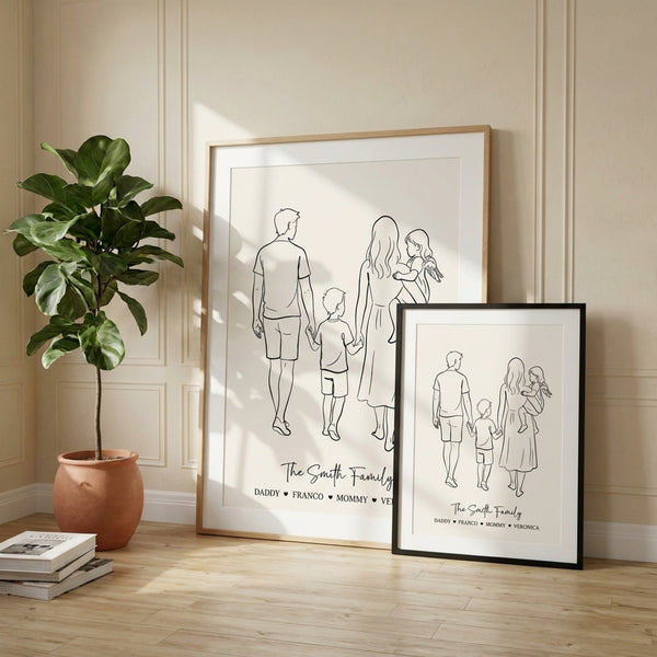 Poster famille personnalisé « dessin au trait » encadré en chêne clair et noir mat, présenté en deux formats (60×80 et 30×40 cm) dans un intérieur chaleureux — prêt à accrocher