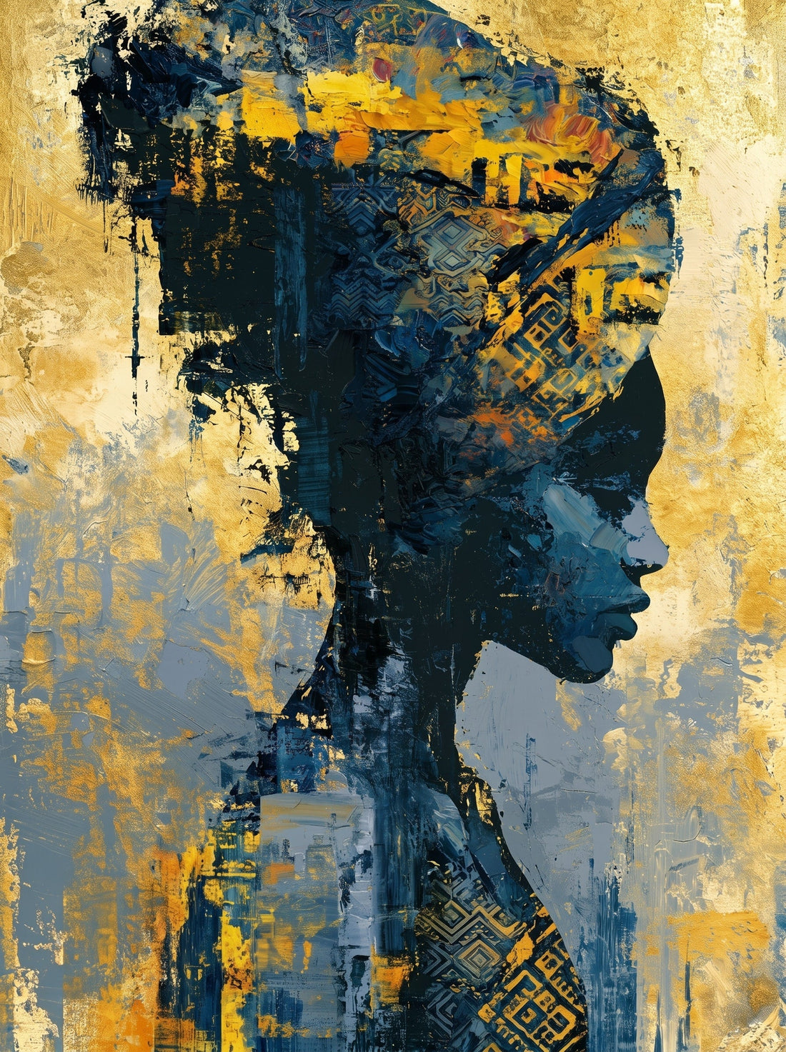 Poster Femme africaine de profil - Reine aux motifs ancestraux dorés