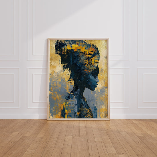 Poster Femme africaine de profil - Reine aux motifs ancestraux dorés — Vierge - living-room