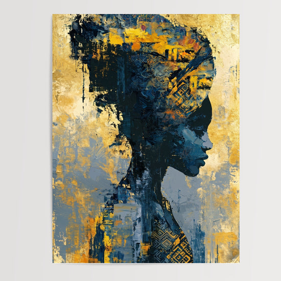 Poster Femme africaine de profil - Reine aux motifs ancestraux dorés — Vierge - poster-presentation-produit