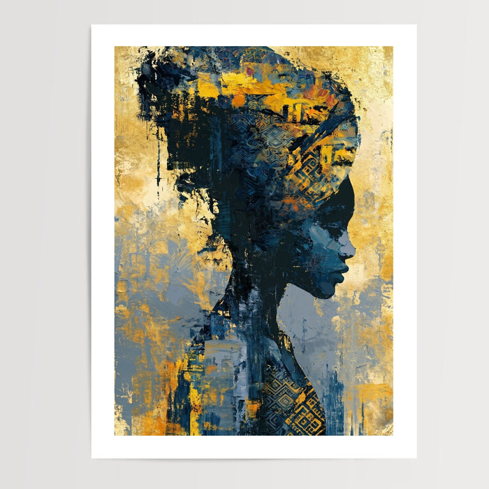 Poster Femme africaine de profil - Reine aux motifs ancestraux dorés — Vierge - poster-presentation-produit — passe-partout blanc