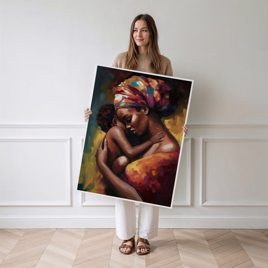 Poster Femme africaine et bébé - L'étreinte tendre d'une mère — Vierge - poster-femme-debout