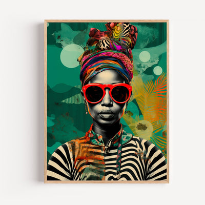 Pop-Art-Poster afrikanische Frau – intensiver Blick mit roter Brille