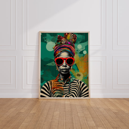 Poster Femme africaine pop art - Regard vibrant aux lunettes rouges — Vierge - living-room