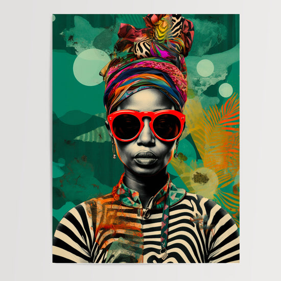 Poster Femme africaine pop art - Regard vibrant aux lunettes rouges — Vierge - poster-presentation-produit