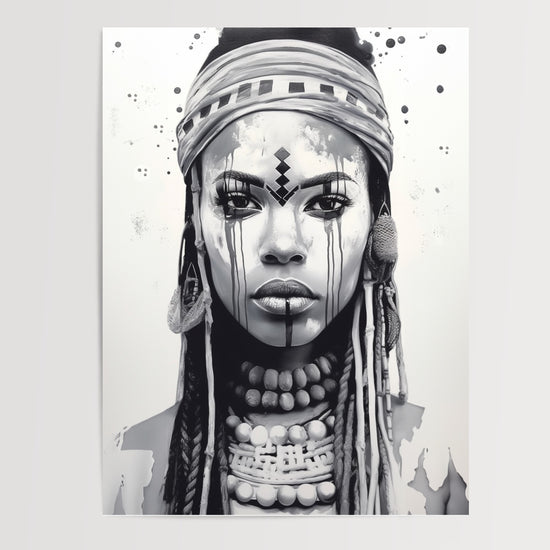 Poster Femme africaine - Portrait noir et blanc plein de caractère — Vierge - poster-presentation-produit