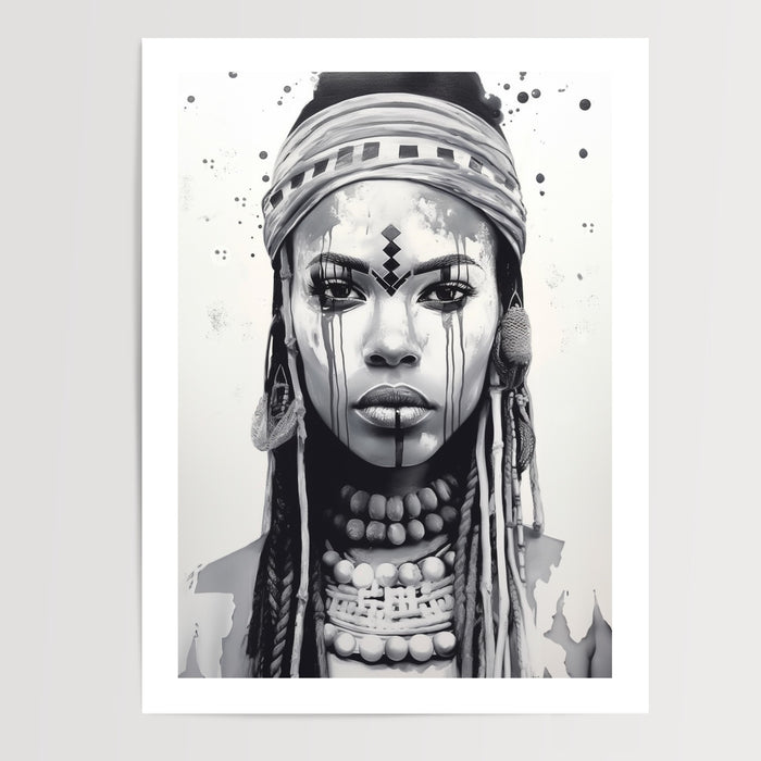 Poster Femme africaine - Portrait noir et blanc plein de caractère — Vierge - poster-presentation-produit — passe-partout blanc