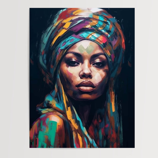 Poster Femme africaine - Portrait royal aux couleurs vibrantes — Vierge - poster-presentation-produit
