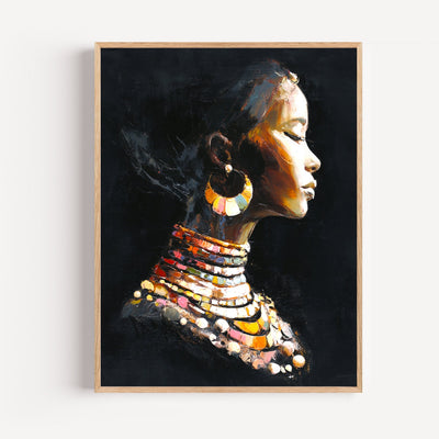 Póster mujer africana - Perfil elegante con joyas doradas