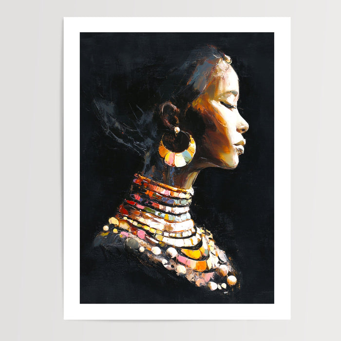 Poster Femme africaine - Profil élégant aux parures éclatantes — Vierge - poster-presentation-produit — passe-partout blanc