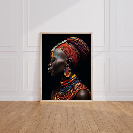 Poster Femme africaine - Profil orné de perles rouges sur fond noir — Vierge - living-room