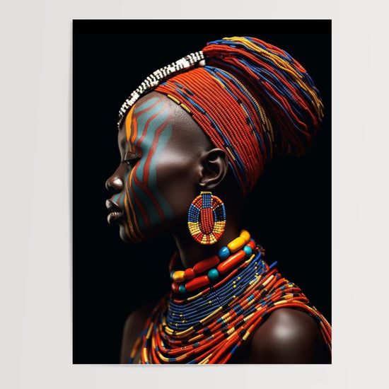 Poster Femme africaine - Profil orné de perles rouges sur fond noir — Vierge - poster-presentation-produit