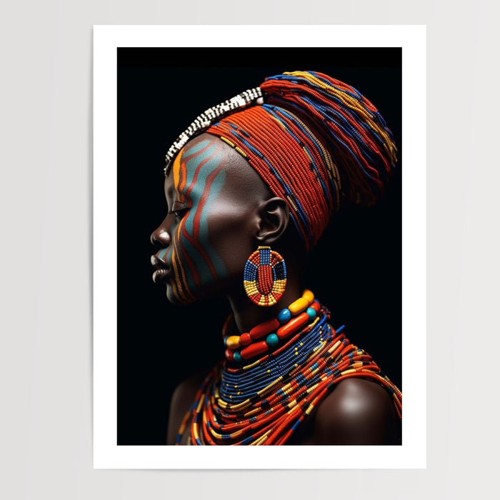 Poster Femme africaine - Profil orné de perles rouges sur fond noir — Vierge - poster-presentation-produit — passe-partout blanc