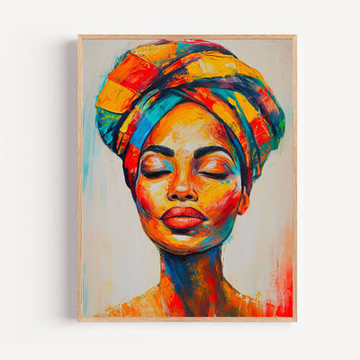 Póster mujer africana - turbante de colores vibrantes y mirada serena