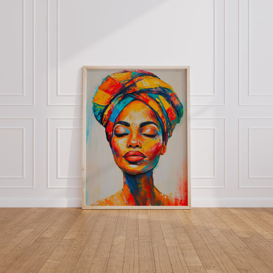 Poster Femme africaine - Turban aux couleurs éclatantes et regard apaisé — Vierge - living-room