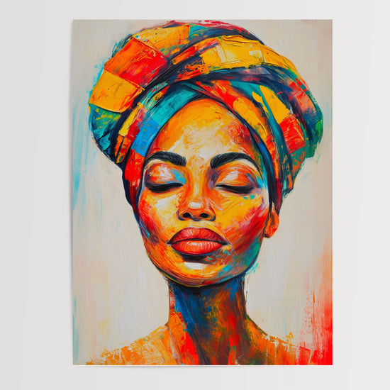 Poster Femme africaine - Turban aux couleurs éclatantes et regard apaisé — Vierge - poster-presentation-produit