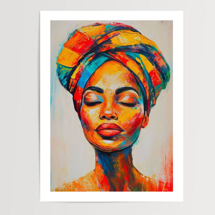 Poster Femme africaine - Turban aux couleurs éclatantes et regard apaisé — Vierge - poster-presentation-produit — passe-partout blanc