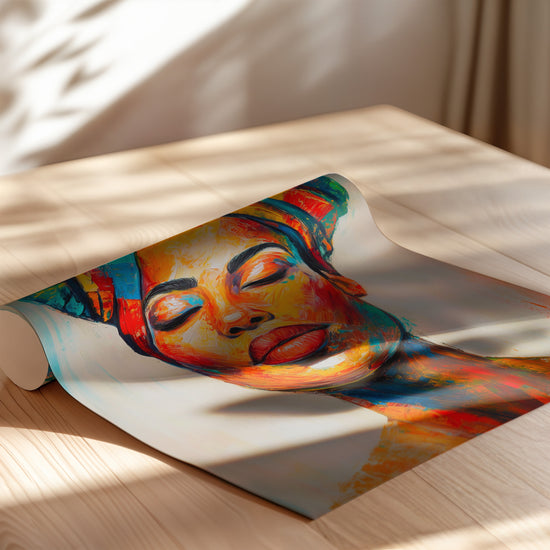 Poster Femme africaine - Turban aux couleurs éclatantes et regard apaisé — Vierge - poster-enroullé