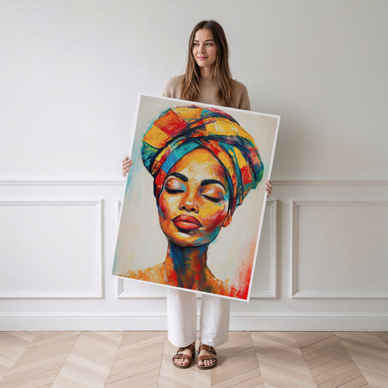Poster Femme africaine - Turban aux couleurs éclatantes et regard apaisé — Vierge - poster-femme-debout