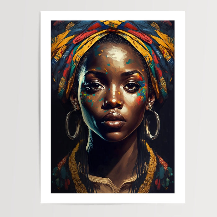 Poster Femme afro - Portrait pop art aux couleurs vibrantes — Vierge - poster-presentation-produit — passe-partout blanc