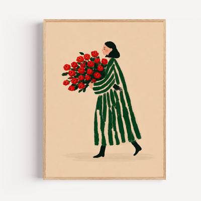 Poster Femme au bouquet de roses - Assurance tranquille et rayures vertes