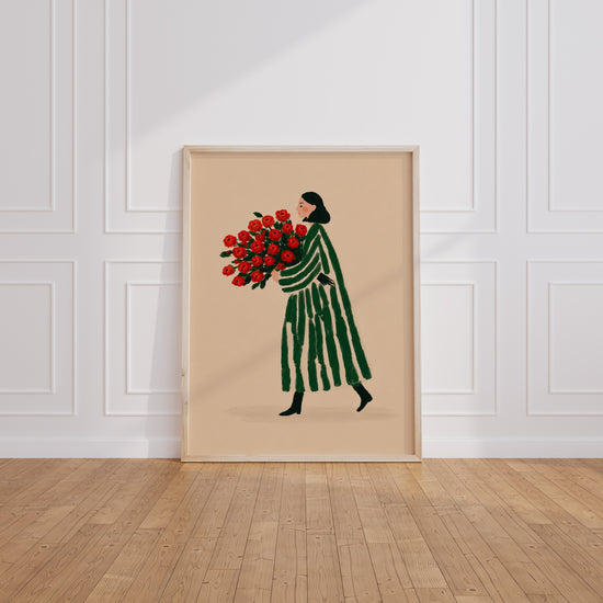 Poster Femme au bouquet de roses - Assurance tranquille et rayures vertes — Vierge - living-room