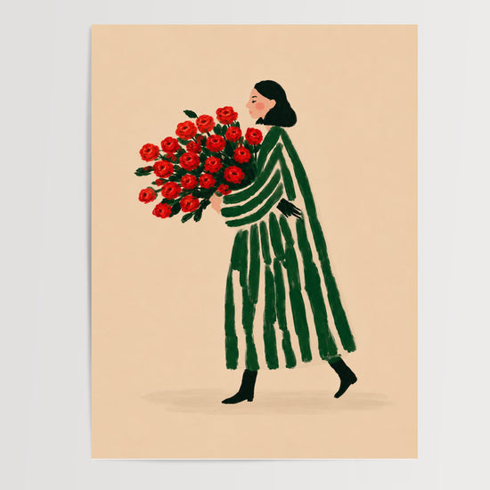 Poster Femme au bouquet de roses - Assurance tranquille et rayures vertes — Vierge - poster-presentation-produit