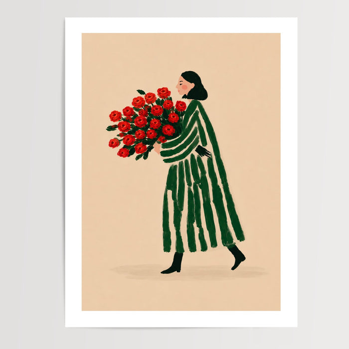 Poster Femme au bouquet de roses - Assurance tranquille et rayures vertes — Vierge - poster-presentation-produit — passe-partout blanc