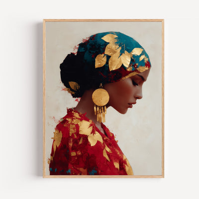 Poster Frau mit goldenem Tuch – Leuchtendes, elegantes Porträt