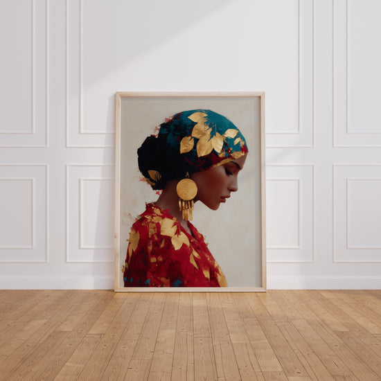 Poster Femme au foulard doré - Portrait lumineux et raffiné — Vierge - living-room