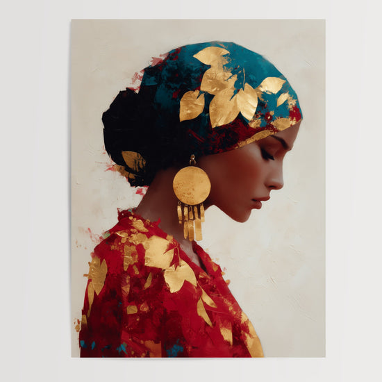 Poster Femme au foulard doré - Portrait lumineux et raffiné — Vierge - poster-presentation-produit