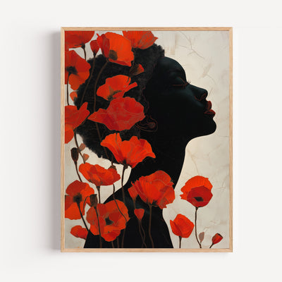 Poster Frau mit roten Mohnblumen – florales, ausdrucksstarkes Porträt