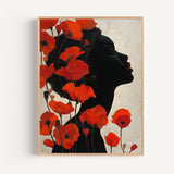 Poster Femme aux coquelicots rouges - Portrait floral et flamboyant