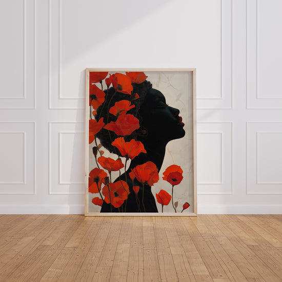 Poster Femme aux coquelicots rouges - Portrait floral et flamboyant — Vierge - living-room