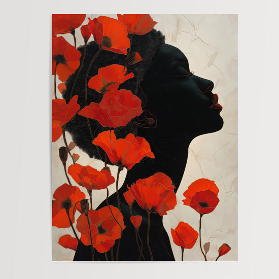 Poster Femme aux coquelicots rouges - Portrait floral et flamboyant — Vierge - poster-presentation-produit