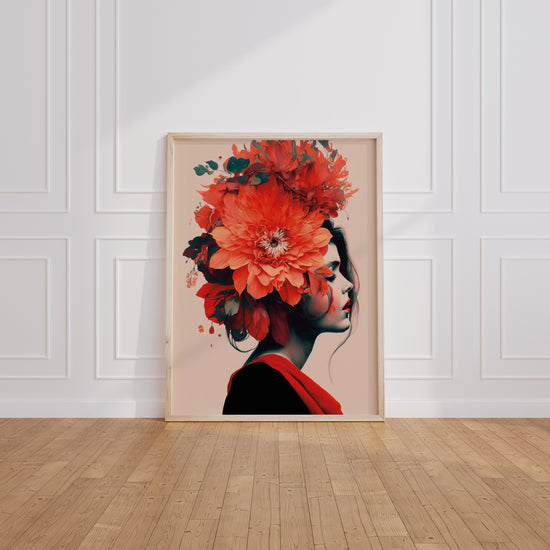 Poster Femme aux fleurs - Portrait audacieux aux couleurs d'un été flamboyant — Vierge - living-room