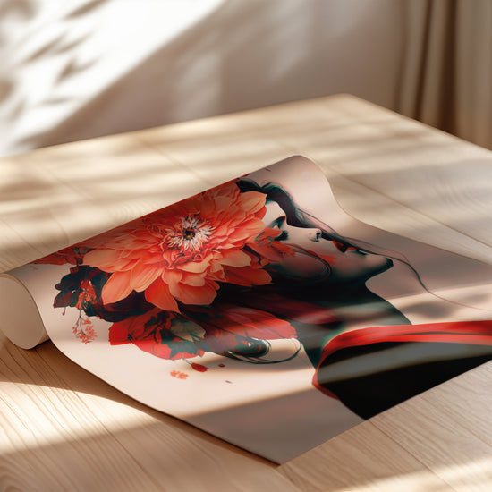 Poster Femme aux fleurs - Portrait audacieux aux couleurs d'un été flamboyant — Vierge - poster-enroullé