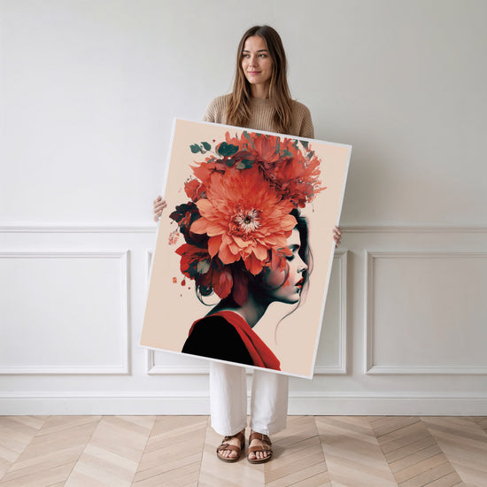 Poster Femme aux fleurs - Portrait audacieux aux couleurs d'un été flamboyant — Vierge - poster-femme-debout