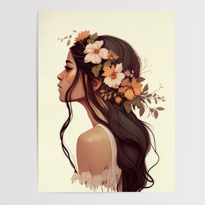 Poster Femme aux fleurs - Portrait romantique tout en douceur — Vierge - poster-presentation-produit