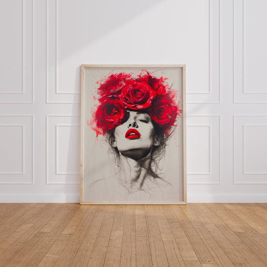 Poster Femme aux roses rouges - Portrait romantique et sensuel — Vierge - living-room