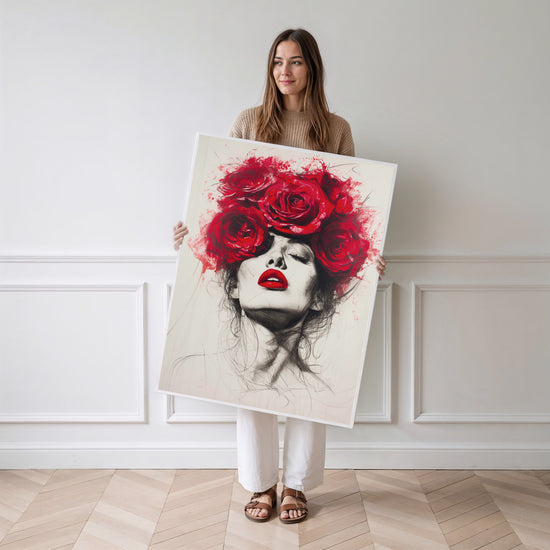 Poster Femme aux roses rouges - Portrait romantique et sensuel — Vierge - poster-femme-debout